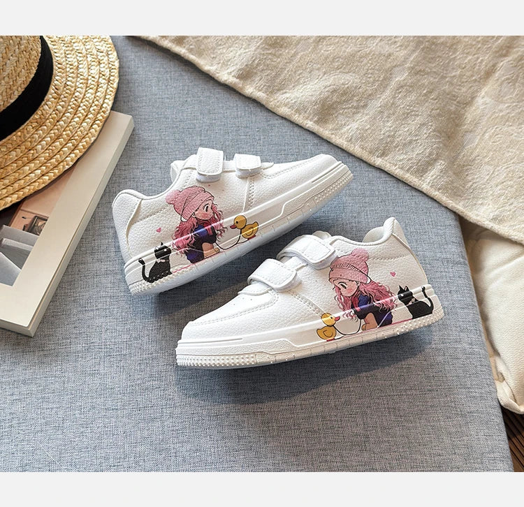 Girls White Shoes with Cartoon Girl Cat Prints Kids Casual Sneakers Fashion 2026 Spring Autumn Fashion Non-slip Classic 21-38