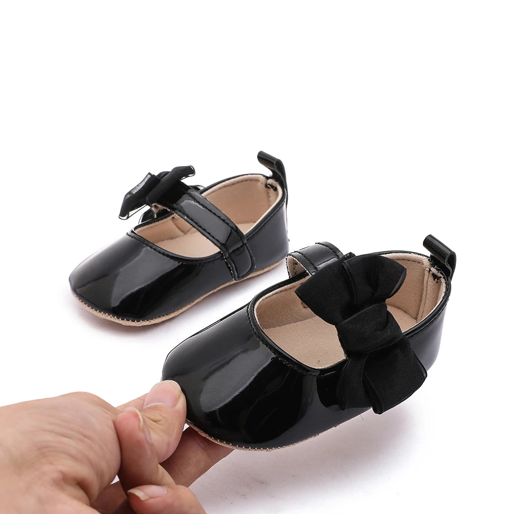 Baby Girls Bow Mary Jane Shoes Soft Non Slip Sole Magic Tape Lightweight Infant Pre Walker Newborn Crib Shoes For Daily Party We