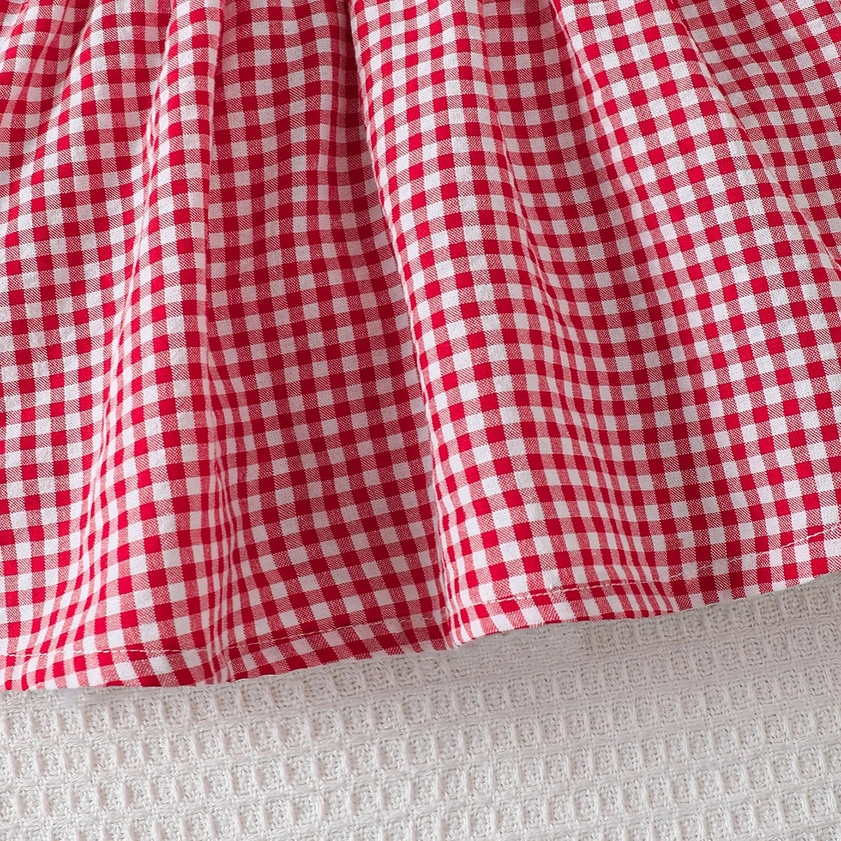 Cute Baby Girl Dress Doll Collar Strawberry Print in Red Checkered Pattern Dress