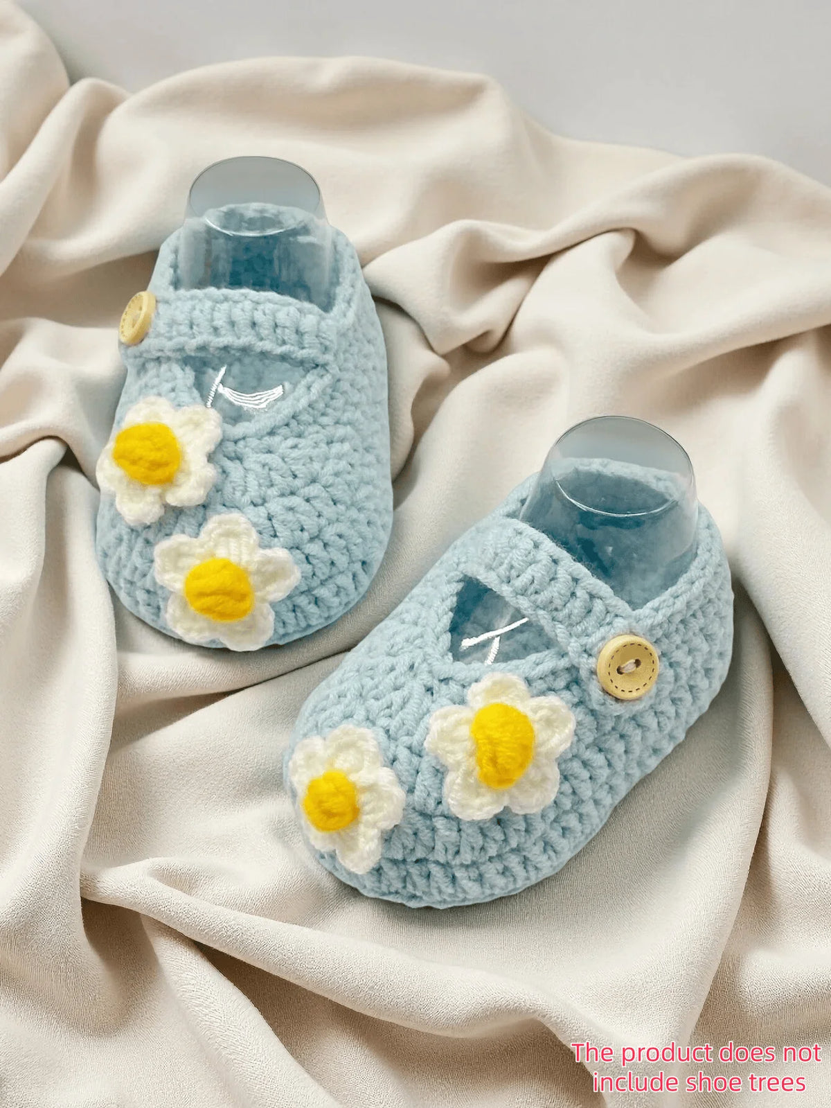 1 Pair Crochet Baby Girl Booties, Pink, Handmade Knit Shoes with Daisy Flower Detail and Button Strap