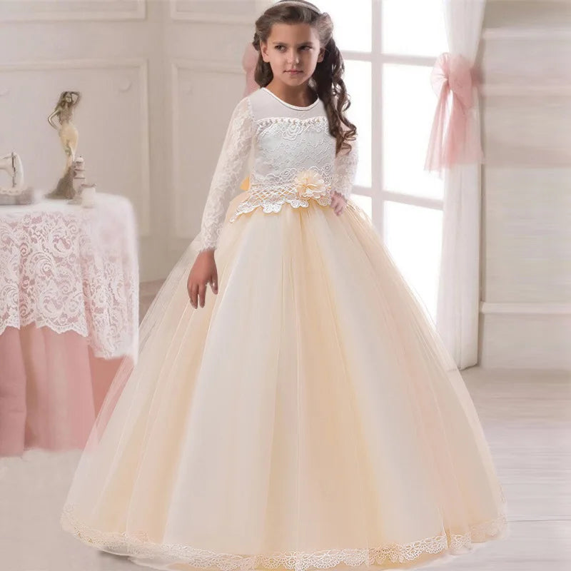 Long Sleeve White Bridemaid Girl Party Dresses Wedding Costume Bow Lace