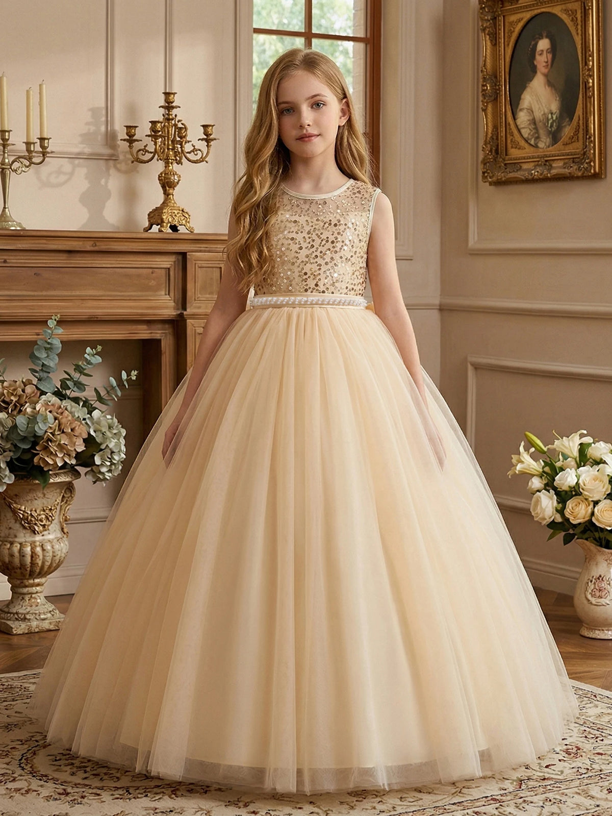 Girl Party Dress Pink Long-style Evening Dress with Large Bow V-neck A Magnificent Evening Dress, Birthday Party, Ball, Banquet