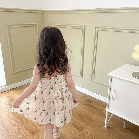 Baby Girl Summer Dress Sweet Floral Pattern Halter Dress Korean Version Princess Dress