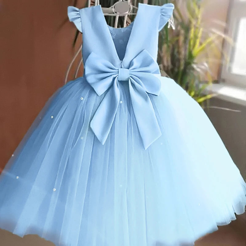 Lía Backless Bow Wedding Gown Kids Party Wear Princess Blue