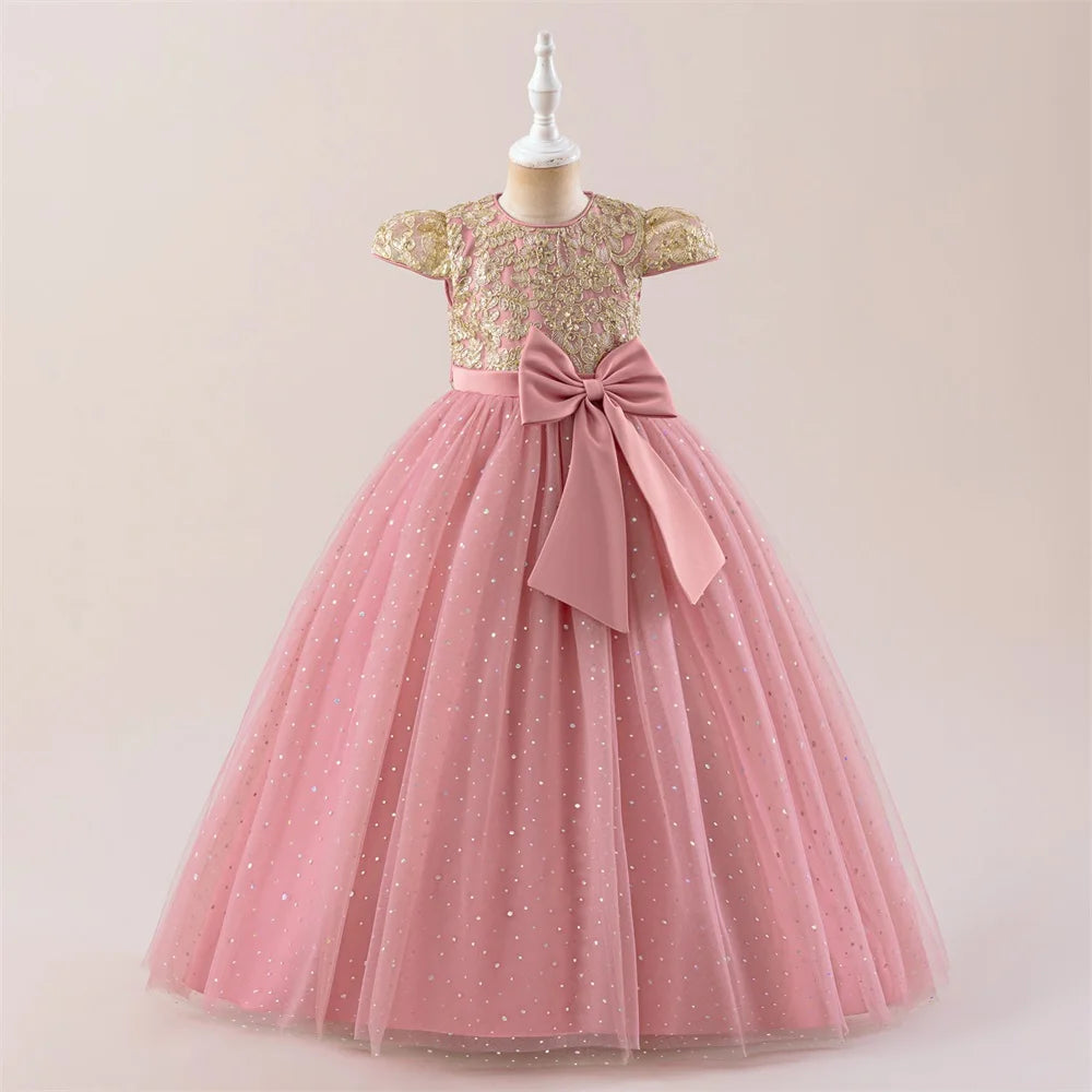 Girls Flower Embroidery Party Dress Kids Big Bow Long Wedding Bridesmaid