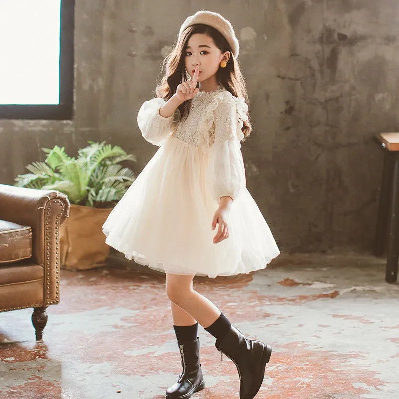 Spring Autumn Kids Girls Dresses Lantern Sleeve Lace Princess Dress