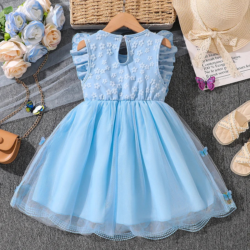 Dress For Girls Yellow O-Neck Fly-Sleeve Tulle Bowknot