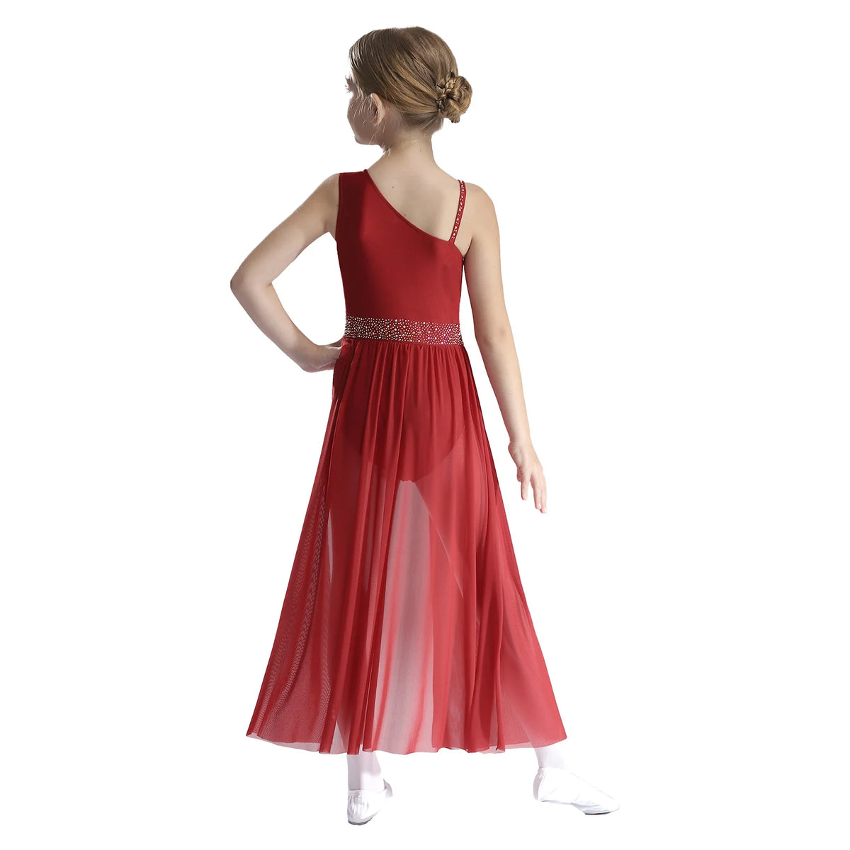 Girls Delicate 3D Flower Lyrical Dance Dress Asymmetrical Ruched Long Dress Gymnastics Modern Dance Clothes Performance Dress