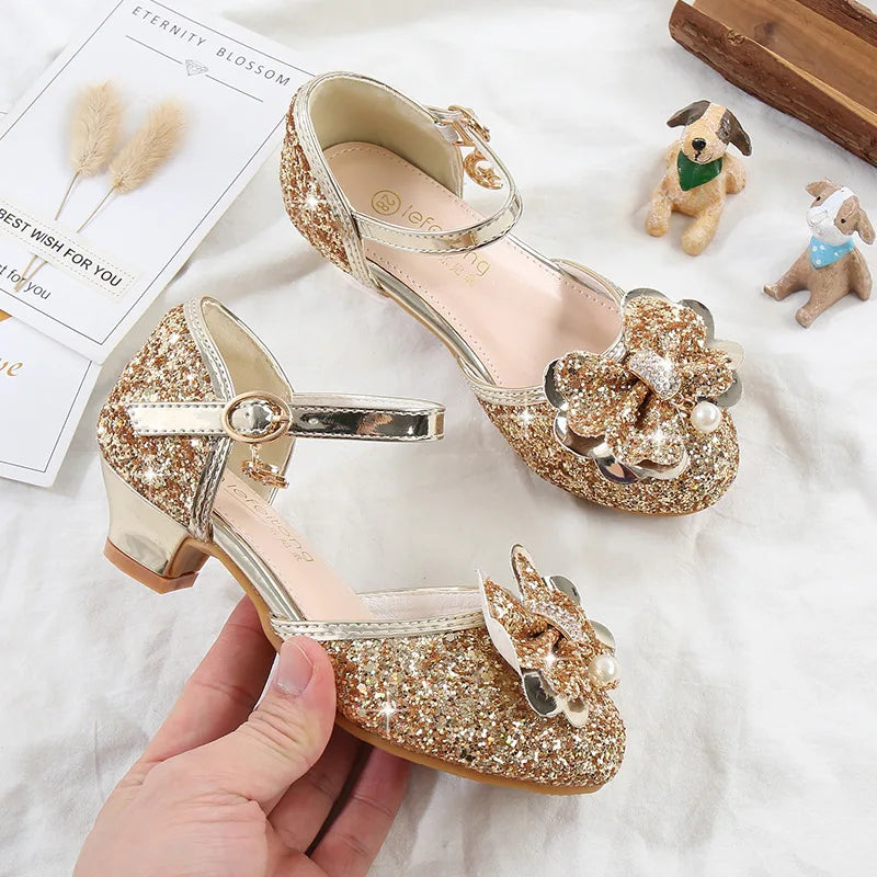 Girls' High Heels Fashion New Sequin Bow Shoes Children's Dance Single Shoes
