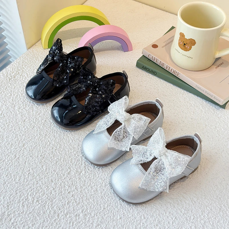 Girls Dance Performance Shoes Black Kids Princess Shoes Mesh Lace Bow 2025 New Girls Flat Shoes Round Toes Elegant Ins Trendy