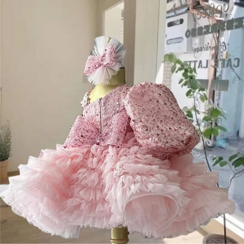 Baby Girl Princess Sequins Dress Diagonal Shoulder Infant Toddler Child Tulle Vestido Party Wedding Pageant Baby Clothes 1-14Y