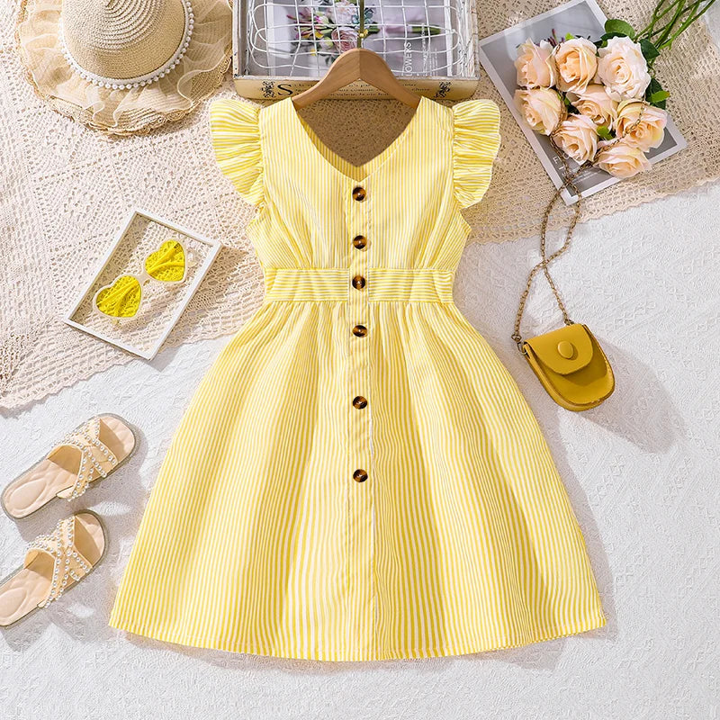 4-7 Years Girl Dress Summer New Stripe Ruffled Sleeveless V-Neck Dress