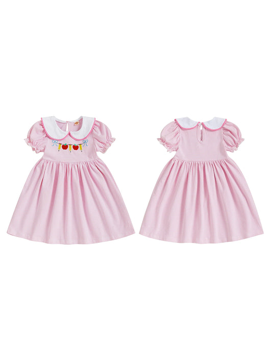 Striped Floral Print Back to School Dress with Bow Detail and Peter Pan Collar Short Sleeve A-line Dress Adorable Toddler