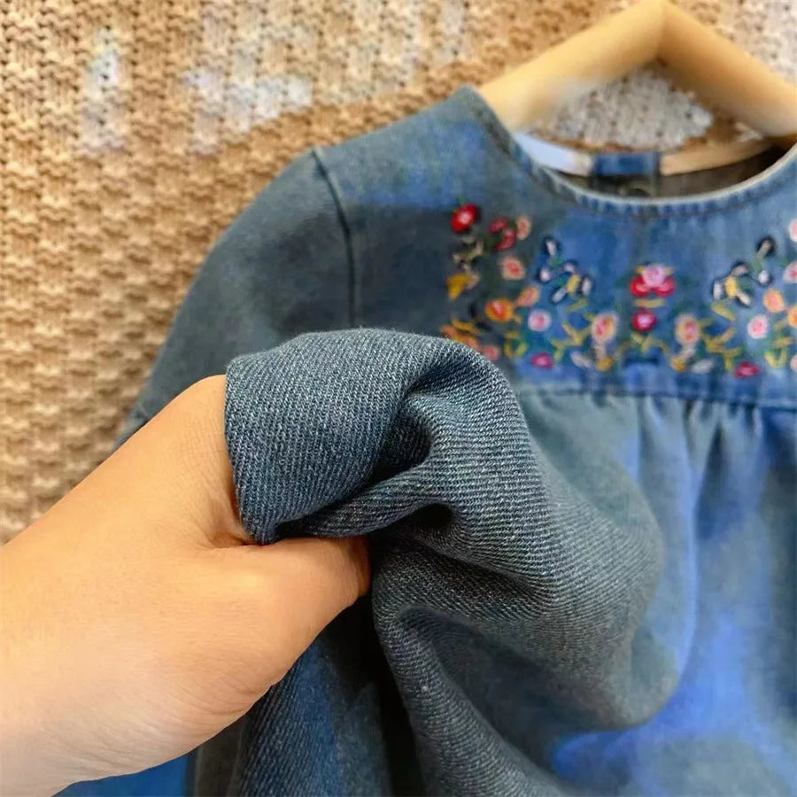 Humor Bear Kids Clothing Autumn Round Neck Floral Embroidered  Dress