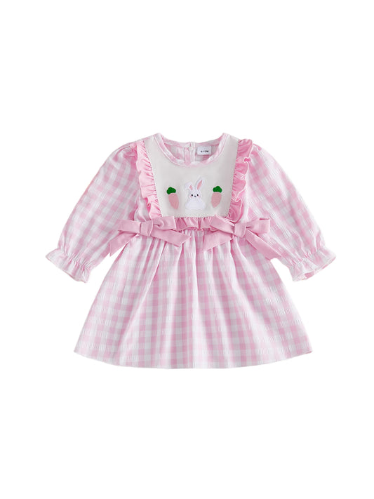 Adorable Toddler Girl Easter Dress with Plaid Bunny Carrot Embroidery