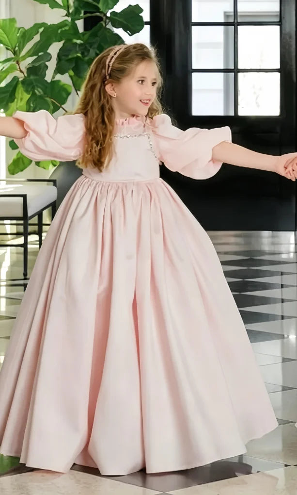 Girl Gown Puff Sleeves Turtleneck Elegant Flower Girl Dress for Wedding Ceremonies Formal Receptions Holiday Parties Customized