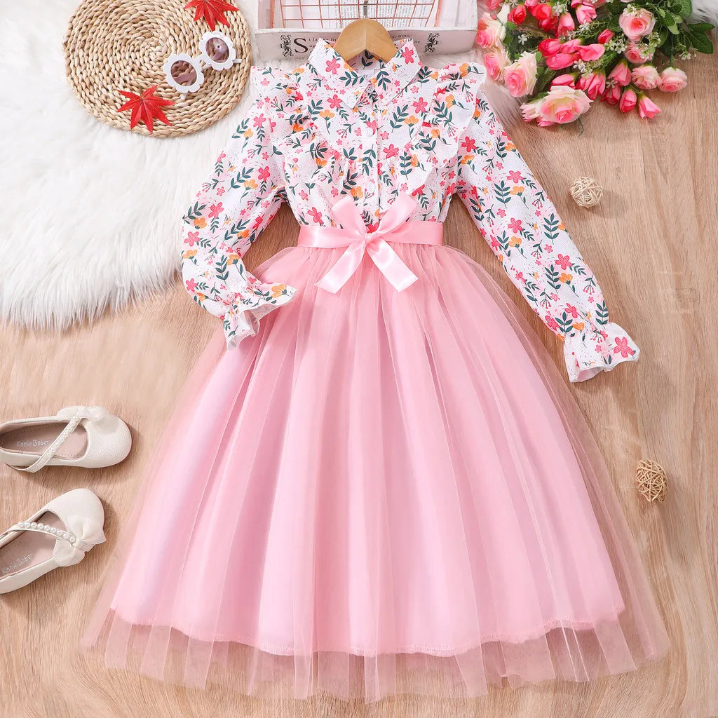 Kids Girls Dress Summer Long Sleeve Floral Gauze