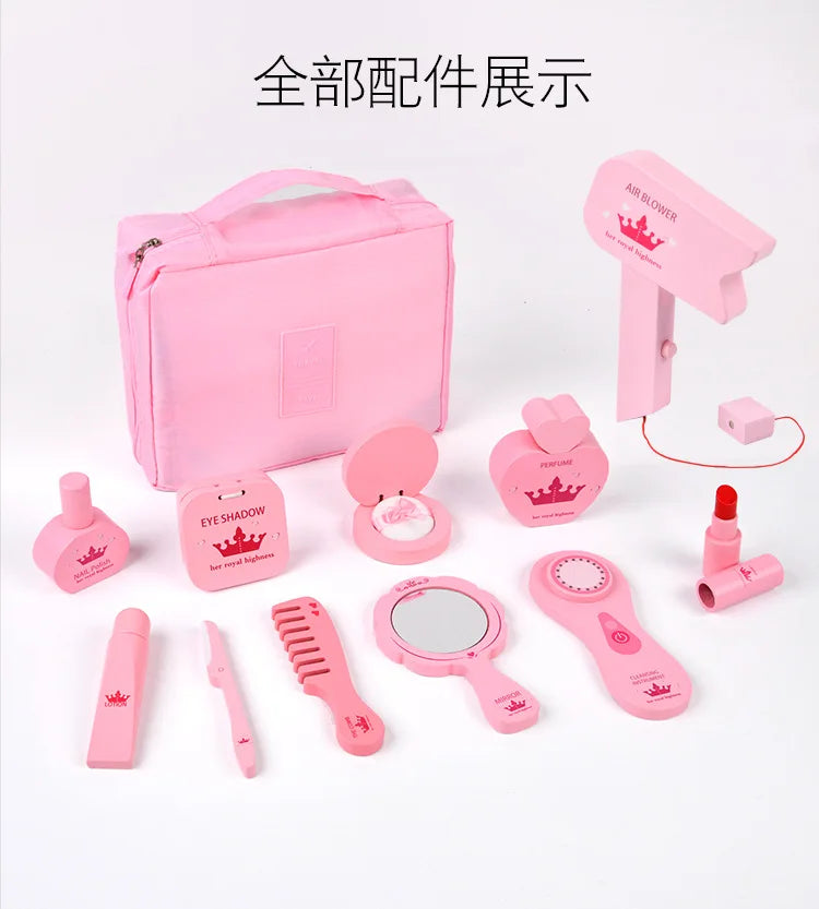 New Wooden Girls Makeup Set Pink Make Up Bag Toy Wood Simulation Cosmetic Handbag Pretend Play Toys For Girl Gifts Pretend Play