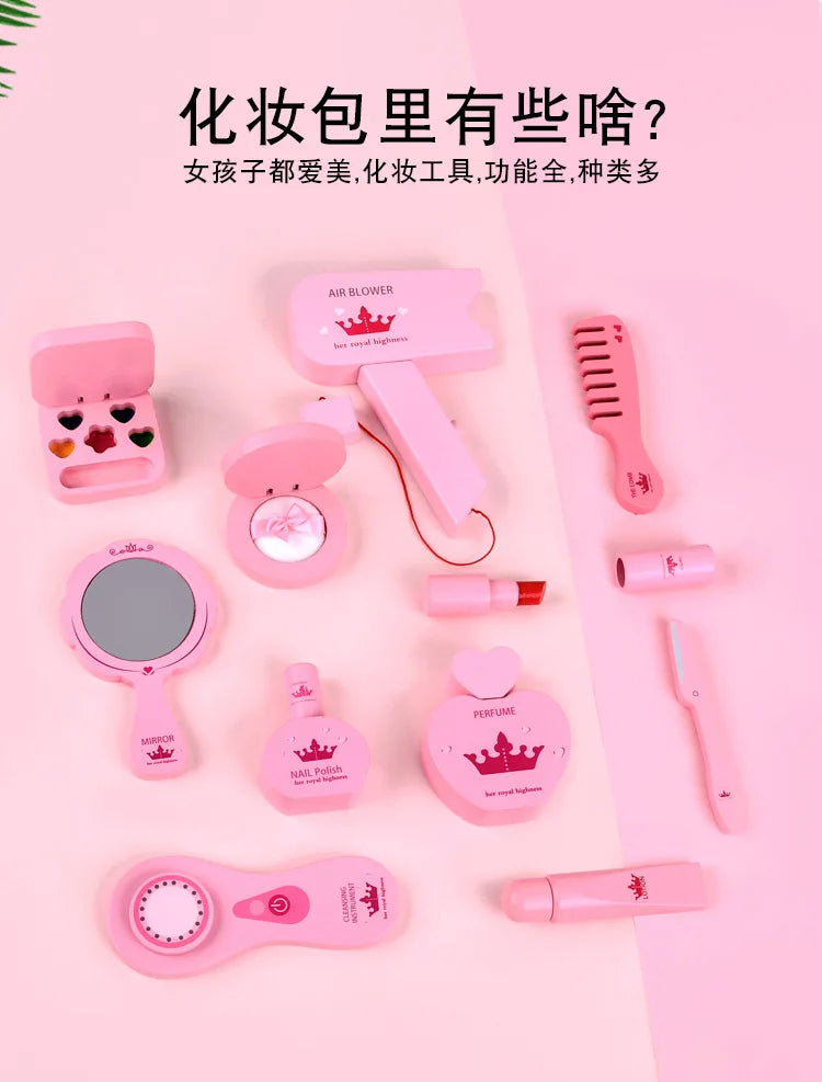 New Wooden Girls Makeup Set Pink Make Up Bag Toy Wood Simulation Cosmetic Handbag Pretend Play Toys For Girl Gifts Pretend Play