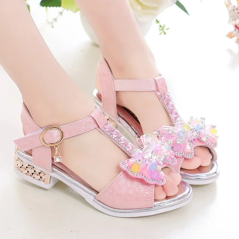 Girls Dance Shoes Non-slip Soft Sole 2025 Summer New Kids Princess Shoes T-strap Open Toes Children Sandals Sweet Bows Non-slip