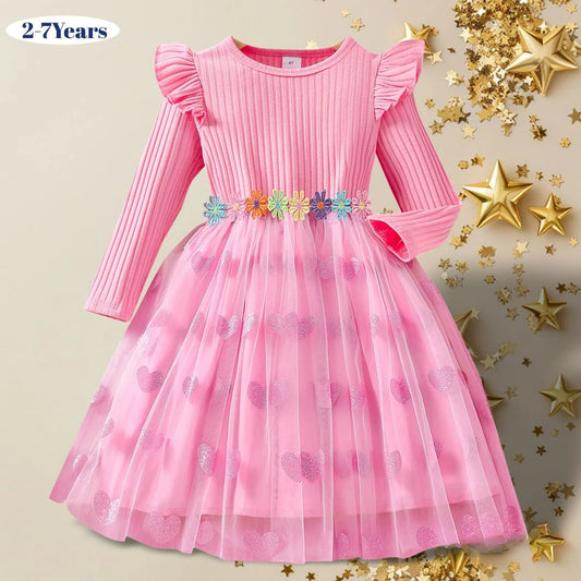 2024 Girls Dress Spring Autumn Long Sleeve Gauze Colorful Flower Belt Children Clothes Girls Dress
