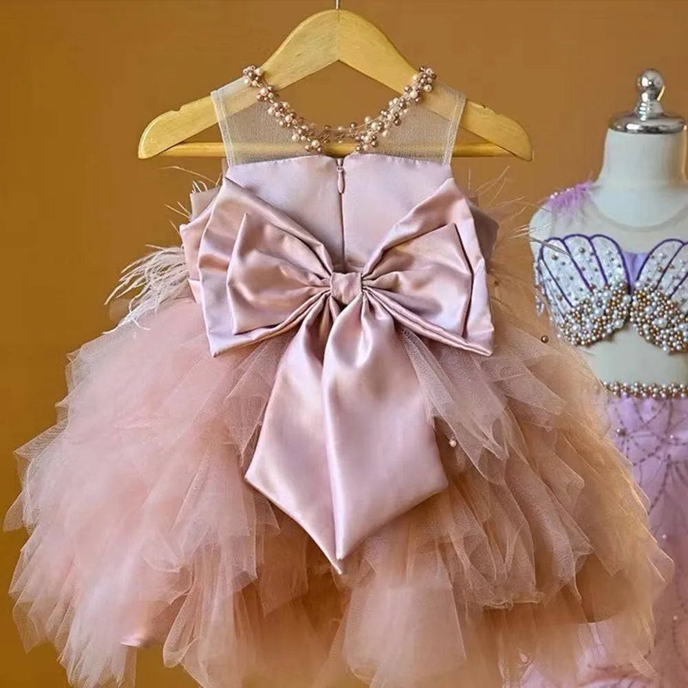 Baby Girl Party Dress Princess Birthday Clothes Back Bow Wing Solid Color Strap Dress Summer Mesh Baby Dress