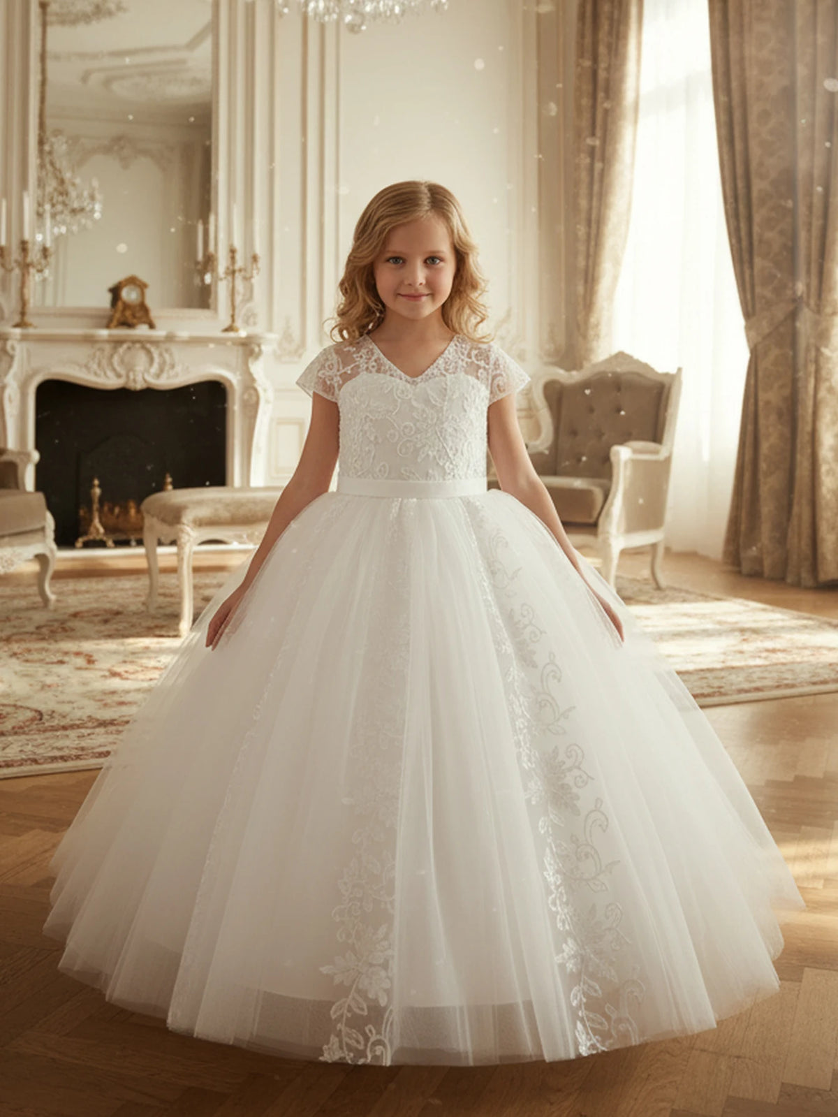 Girls V-Neck Lace Embroidered Flower Girl Dress