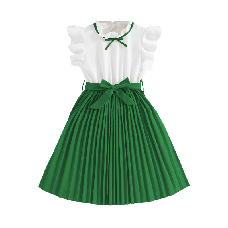 Emma Kids Dress for Girls with Pleated Skirt and Bow Tie