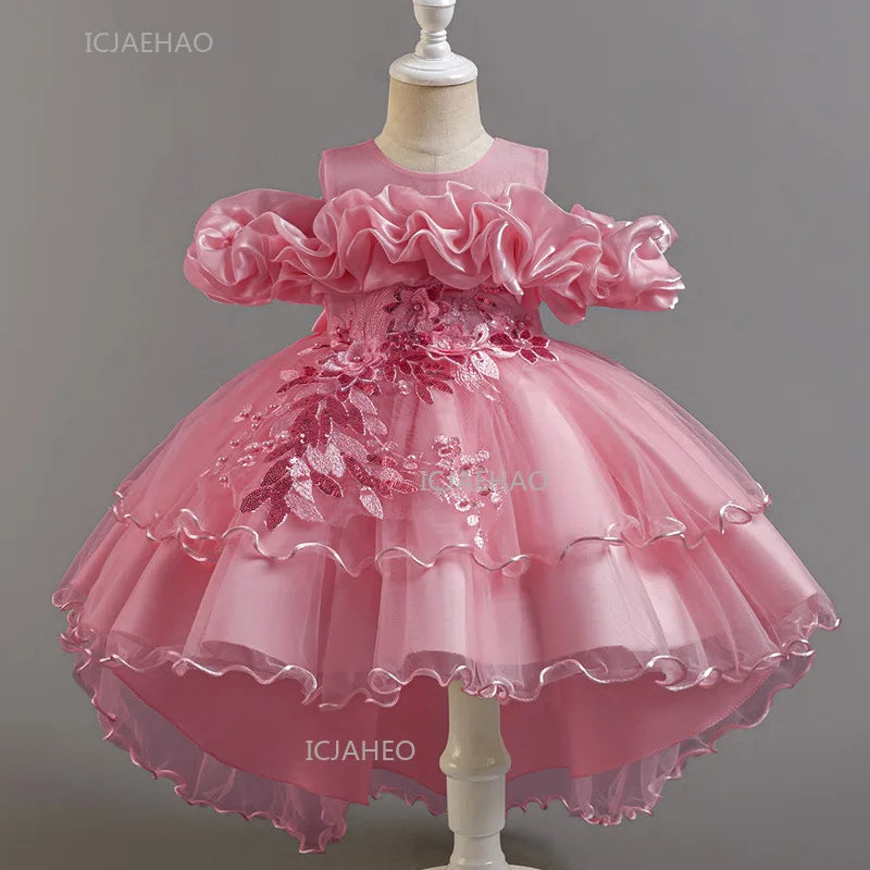 Girls Flower Girl Dress with Train Tulle Princess Gown Christmas Birthday Party Pageant Formal Dresses Kids Children Clothing