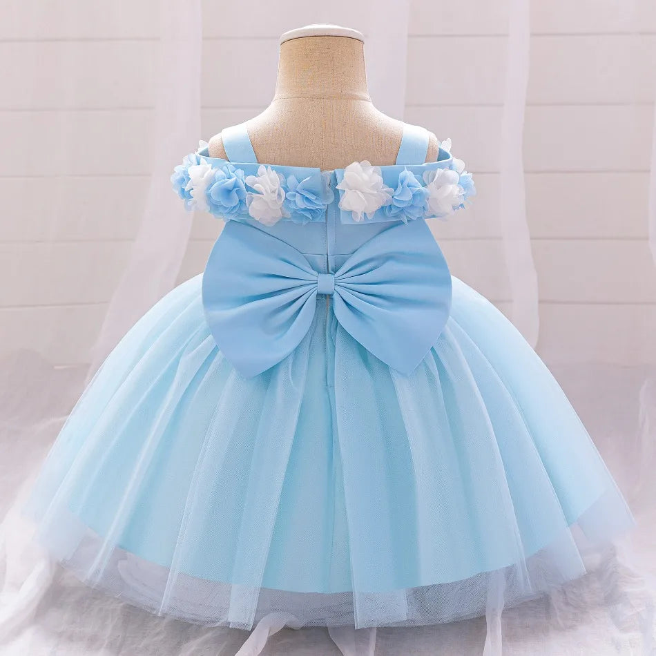 New Baby Girls 1st Princess Dress Infant Three-dimensional Flower One-word Shoulder Mesh Dress Baby Girl Performance Dress ASQ03