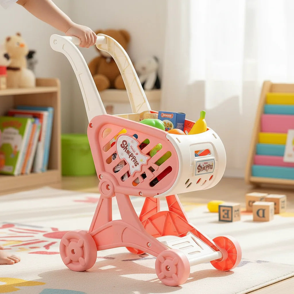 Shopping Cart Toy Baby Small Trolley Children Play House Fruit Cut Music Kitchen Supermarket