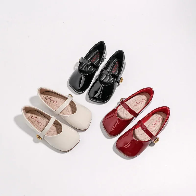 2025 Girl's Leather Shoes Square Toe Elegant Shallow Kids Mary Janes Flat Sole Comfy Children Single Shoes Girls Princess Shoes