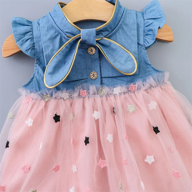 Baby Girls Dresses Summer 1-4Years Kids Tulle Dress Ruffles Sleeve Denim Cotton Mesh
