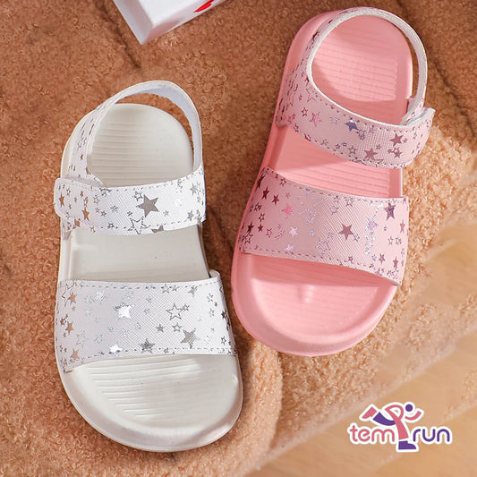 Girls' Shiny Star Outdoor Sandals Summer Printed Soft-Soled Non-slip Slippers Open-Toe Durable Baby Beach Shoes