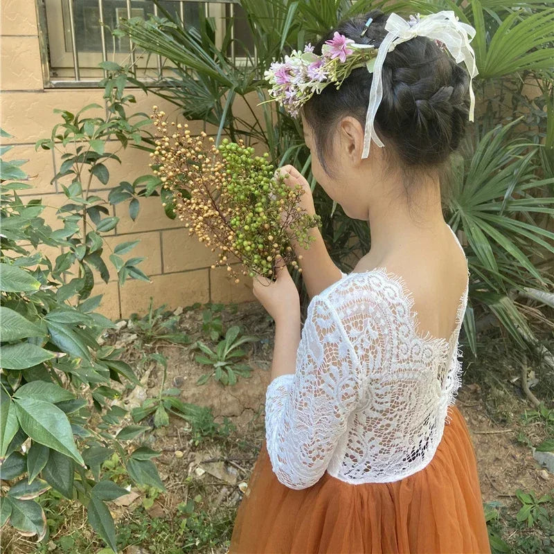 Elegant Burnt Orange Lace Tulle Dress for Flower Girls Bridesmaid Wedding