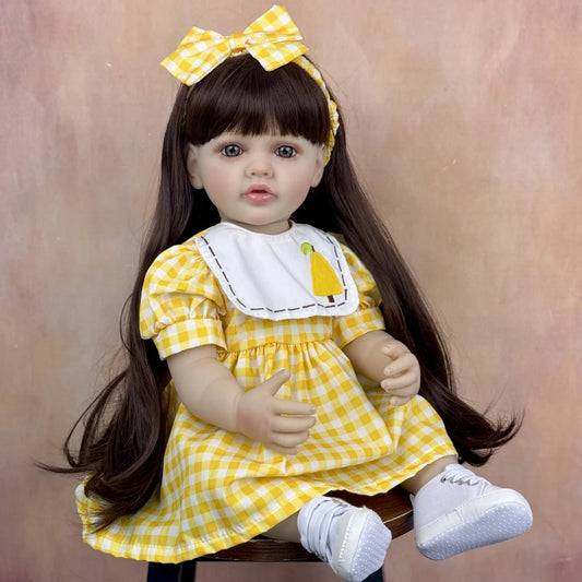 BZDOLL 55 CM Full Vinyl Body Reborn Baby Doll Toy Dress Up Brown Long Hair Princess Toddler Sweet Doll Handmade New Year Gift