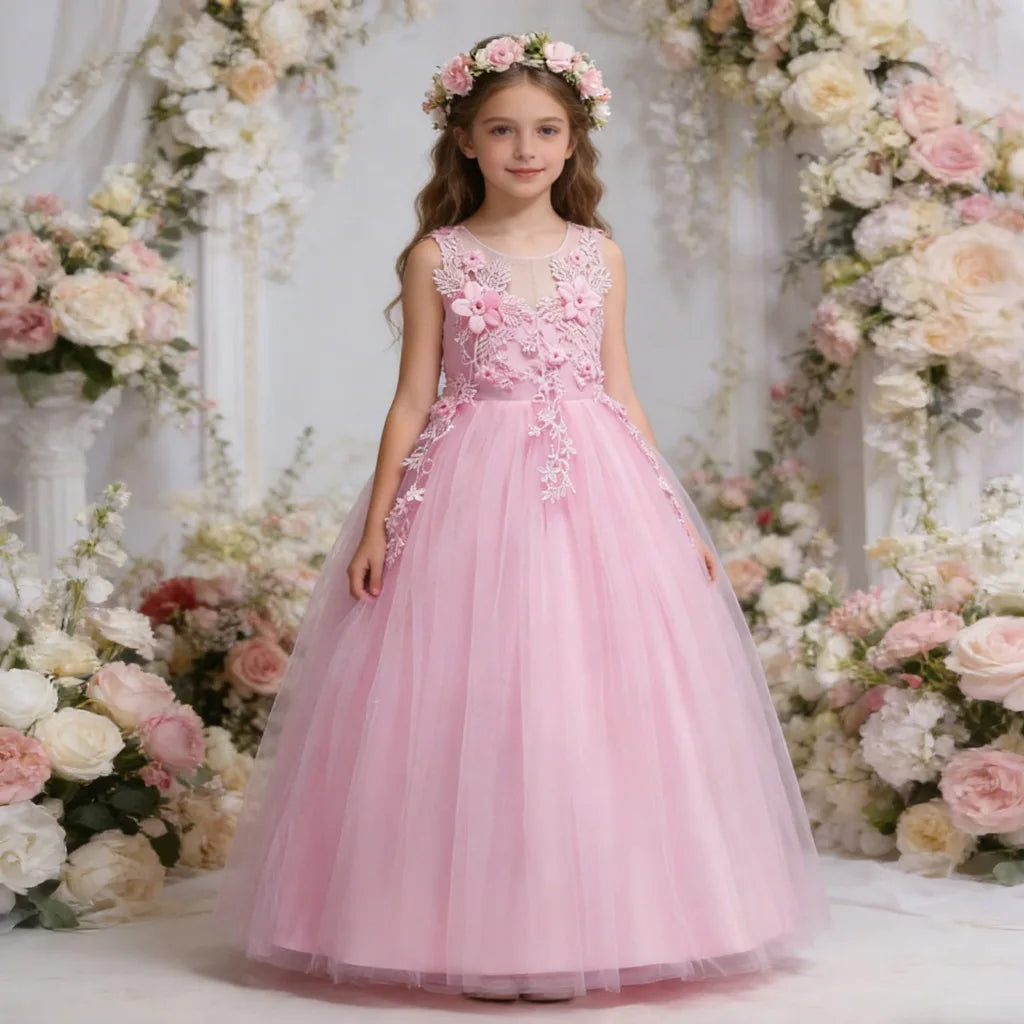Kids Dresses For Girl Clothes Lace Flower Ball Gown Girls Long Dress For Wedding Prom Party Princess Dresses Teenage Costume