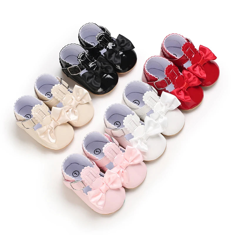 Baby Girls Shoes Classic Bowknot Rubber Sole Anti-slip PU Girls Dress Shoes