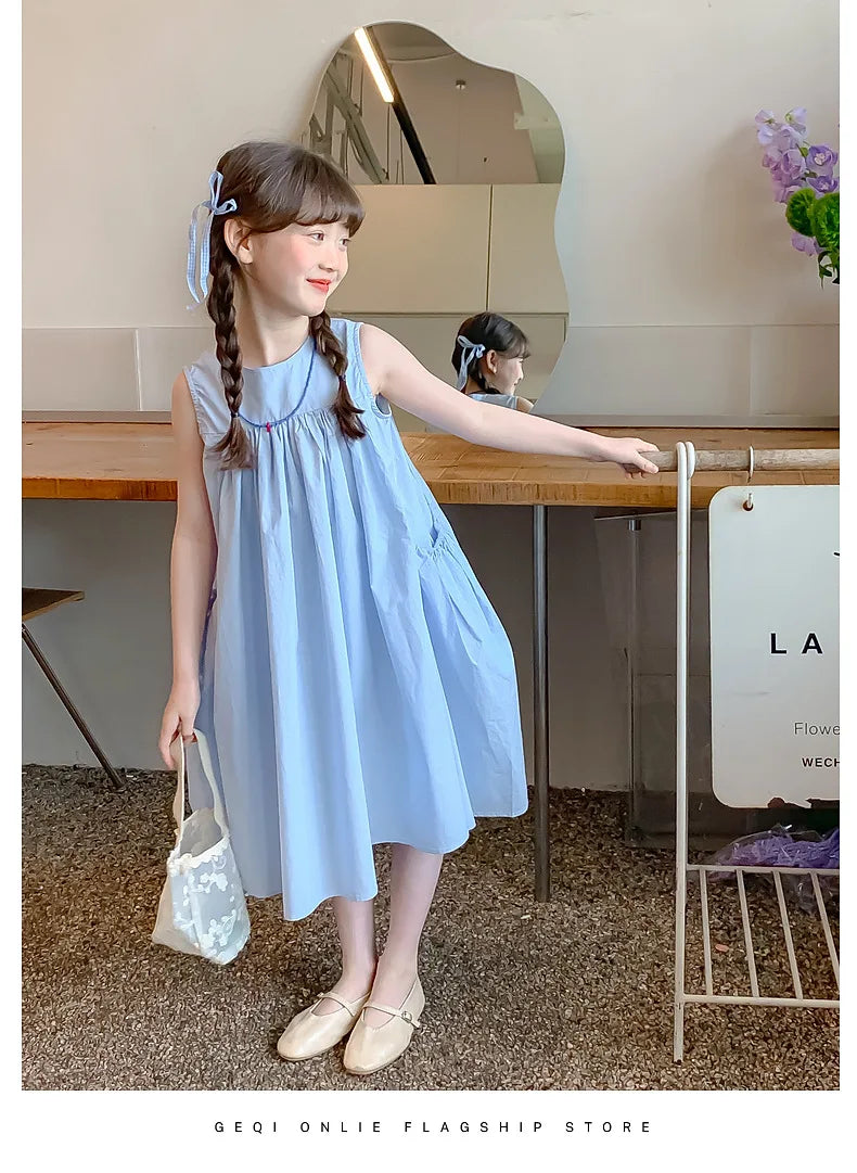 Ana Summer Junior Girl Sleeveless Dress Solid Side Cotton Dress