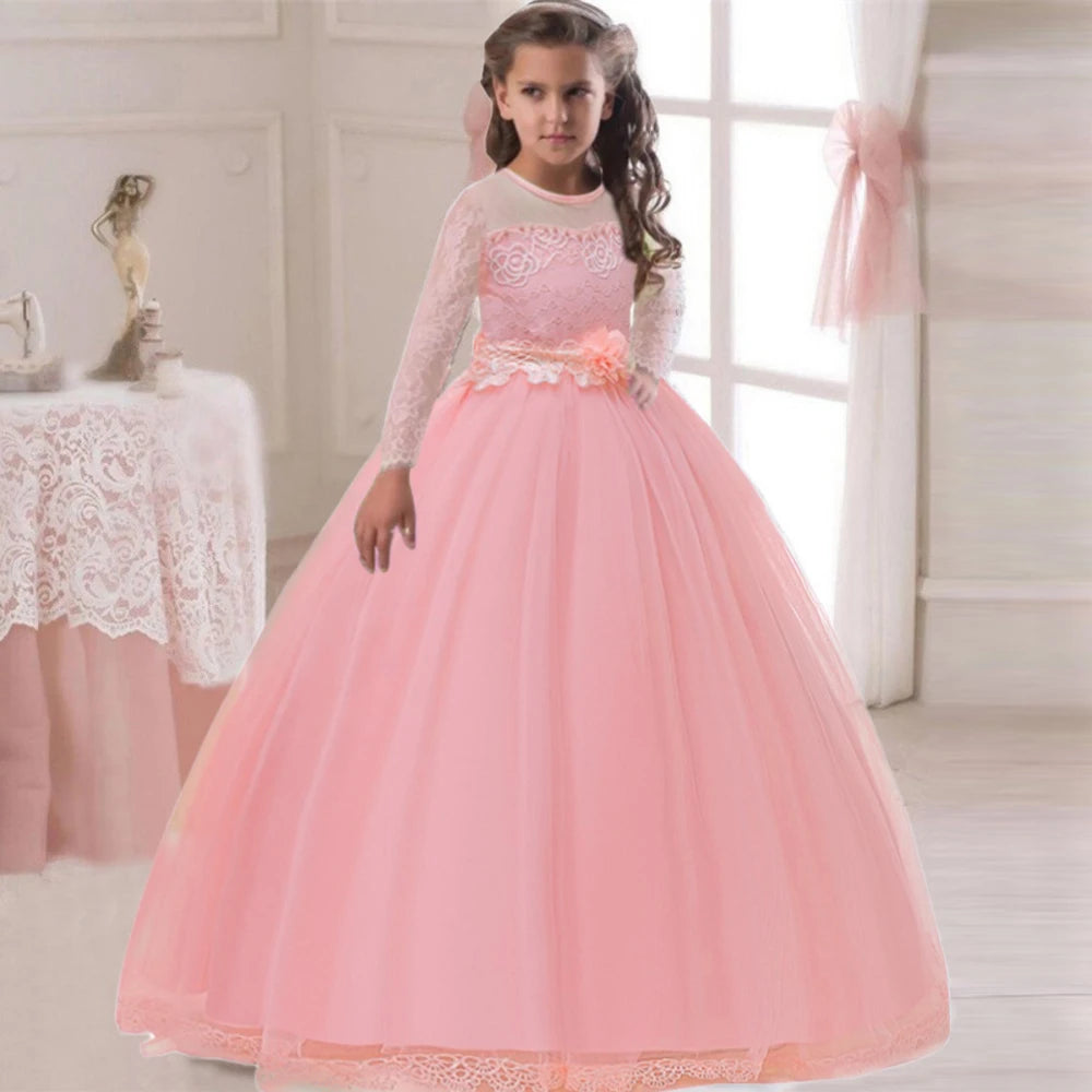 Long Sleeve White Bridemaid Girl Party Dresses Wedding Costume Bow Lace
