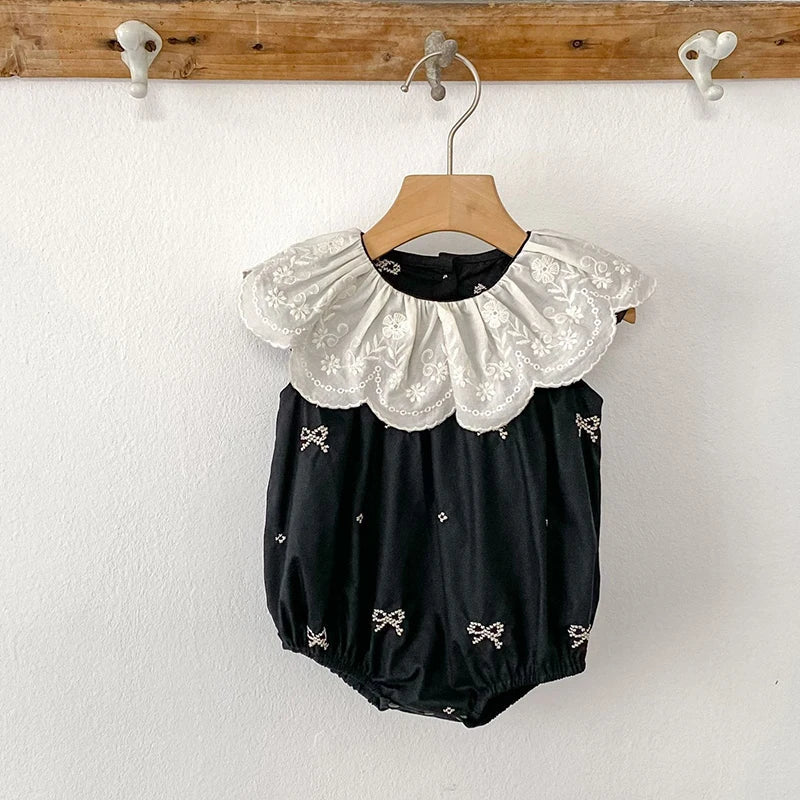 Black Embroidery Bow Romper
