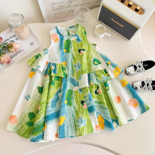 Girls Casual Dresses Flower Printing Ruffled Sleeveless Casual Dress