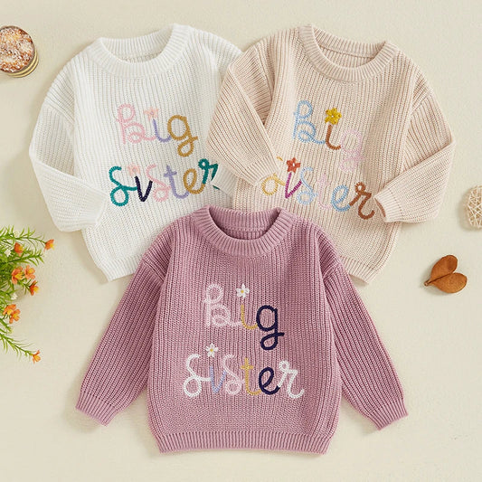 Nahiomy Girls Big Sister Fall Winter Sweater Casual Letter Flower Embroidery