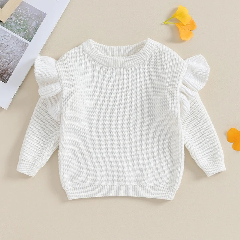 Basley Girls Sweater Solid Color Ruffle Long Sleeve Knit