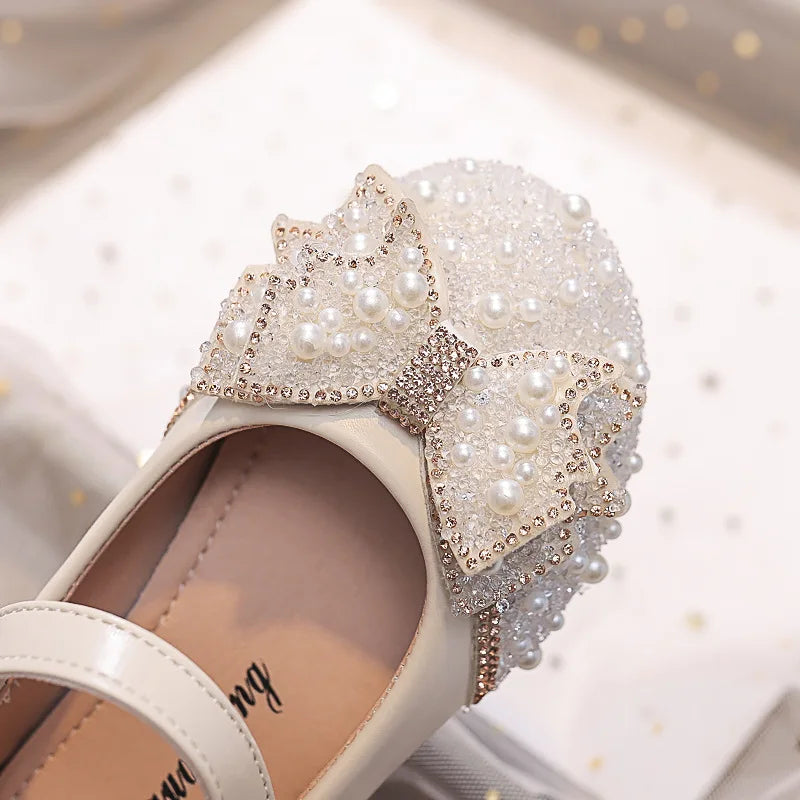 Autumn Fashion Pearl Bow Rhinestone Little Girl Shoes Flat Heels Kids Princess Shoes