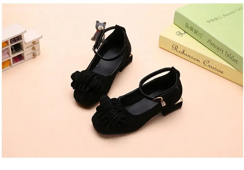 Girls Party Shoes High Heeled Fashion Princess with Flowers Sweet Chic Kids Leather Shoes for Wedding Model Shoes Ankle-strap