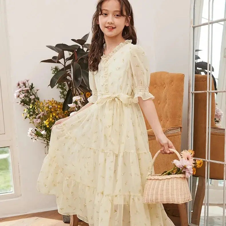 Girls Summer Chiffon Floral Dress Fashion Bow Lace Elegant Girl Kids Birthday Long Dress