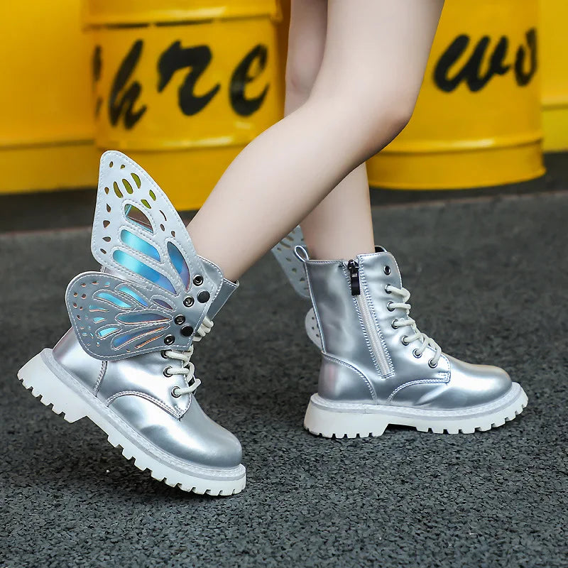 Girls Boots 2025 New Autumn Winter Fashion Butterfly Princess Botas Casual Non-slip Ankle Boots Silver Patent Leather Kids Shoes