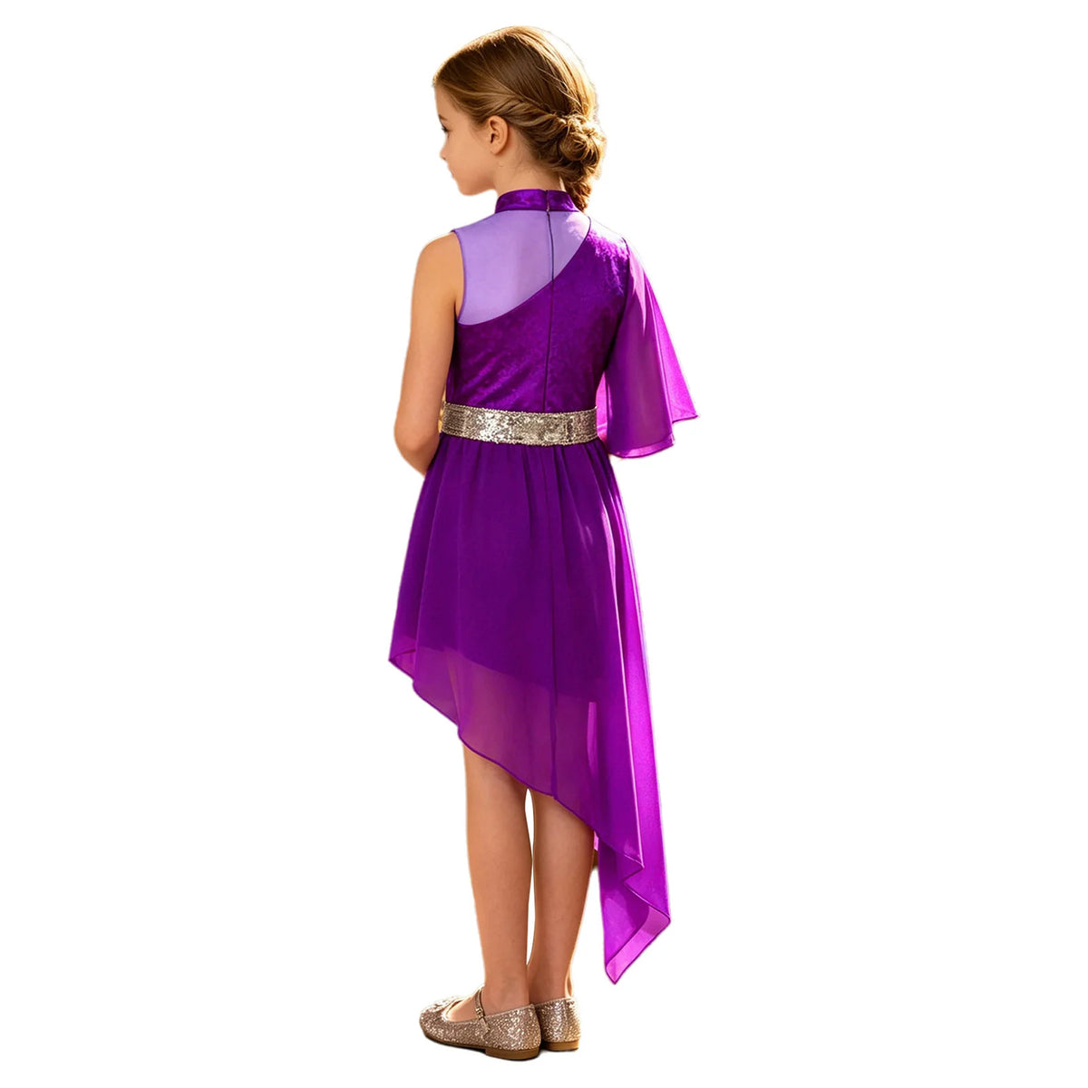 Kids Girls Lyrical Contemporary Worship Liturgical Praise Dance Dress Flare Sleeve Sequin Splice Dress Performance Costume