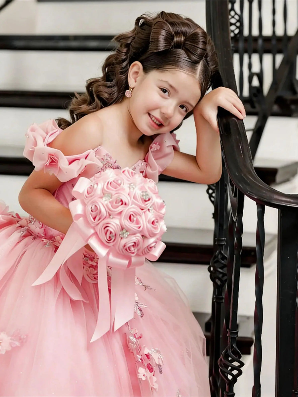 Girl Gown Flower Girl Dress for Wedding Off The Shoulder Applique Tulle Puffy